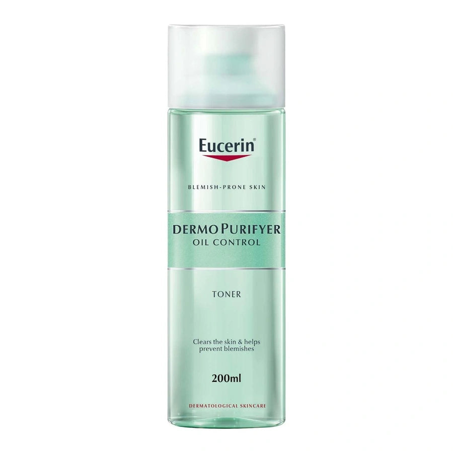 Eucerin Dermopuriever Oil Control Facial Toner for blemish-prone and acne-prone skin with lactic acid. It unclogs pores, prepares skincare products, and provides intensive cleansing. 200ml